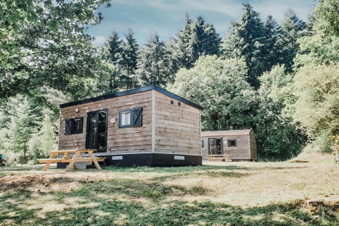 Twee houten mobilhomes in Holiday Park Ardinam 1, gelegen in een bosrijk gebied met picknicktafels buiten.