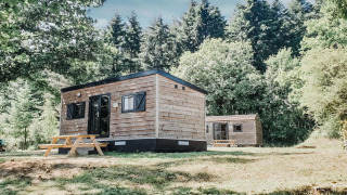Due case mobili in legno all’Holiday Park Ardinam 1, circondate da una foresta lussureggiante e natura verde.