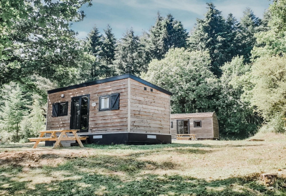 Zwei Holz-Mobilheime im Holiday Park Ardinam 1, umgeben von Wald und Natur, unter blauem Himmel.
