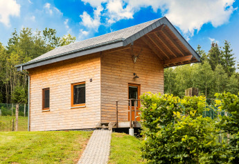 Chalet Rogery 64, a cozy wooden cabin with sloped roof, surrounded by greenery and forest views.