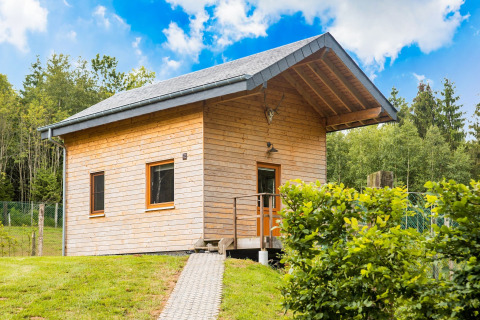 Houten chalet Rogery 64 met schuindak, gelegen in het groen met uitzicht op bomen en bos.