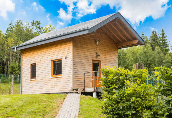 Houten chalet Rogery 64 met schuindak, gelegen in het groen met uitzicht op bomen en bos.