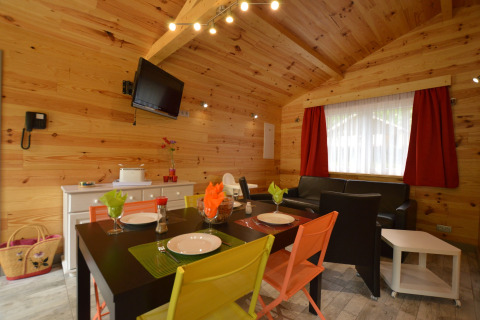 Interior view of cozy Le Chalet Chaleureux A in Belgium, featuring wood walls and colorful chairs.