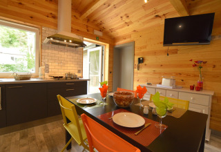 Modern kitchen and dining area with wood walls and colorful chairs at Le Chalet Chaleureux A in Belgium.