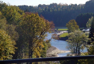 View from Le Chalet Chaleureux A in Belgium, overlooking a river, lush green trees, and tranquil nature.