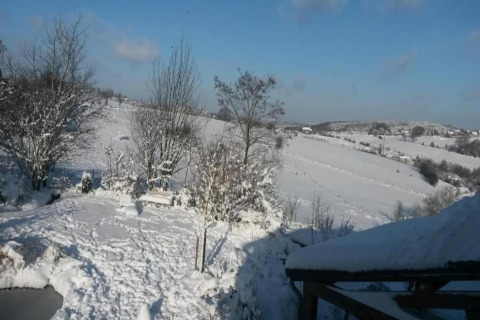 Snow-covered landscape with trees and fields at Le Chalet Chaleureux A, a cozy chalet in Belgium.