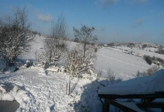 Snow-covered landscape with trees and fields at Le Chalet Chaleureux A, a cozy chalet in Belgium.