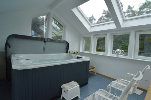 Binnenjacuzzi met grote dakramen in een lichte ruimte van het lodge Le coeur du brâme in België.