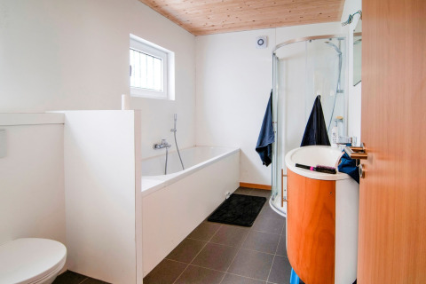 Modern bathroom with shower, bathtub, and wood ceiling at Au Coeur du Pêcheur lodge in Belgium.
