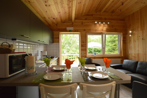 Gemütliche Küche und Wohnzimmer in Le Chalet Chaleureux B, Belgien, mit Holzwänden und moderner Einrichtung.