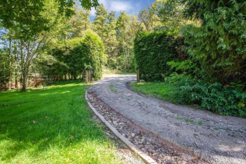 Einfahrt zum Le Chalet Chaleureux B in Belgien, umgeben von Bäumen und grünem Rasen an einem sonnigen Tag.