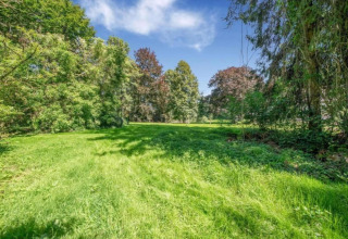 Grüne Wiese mit Bäumen im Hintergrund bei der Lodge Le Chalet Chaleureux B in Belgien an einem sonnigen Tag.