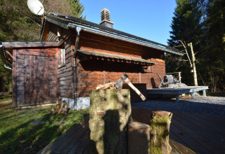 Houten chalet La Cabane in België met bijl op blok, zonnig terras en omringd door bosrijke natuur.