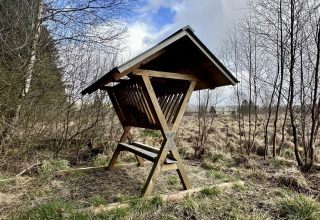 Houten voederrek met dak in een natuurlijk landschap bij La Cabane, chalet in België.