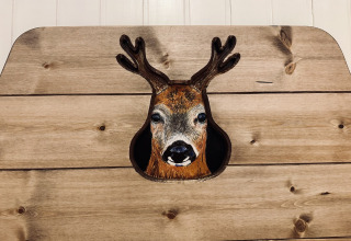 Decoratief hertenhoofd aan een houten wand, gefotografeerd in chalet ‘La Cabane’ in België.