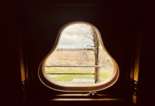 Uitzicht door een peervormig raam bij chalet La Cabane met landschap en boom in België.