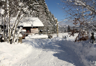 Chalet di legno innevato a La Cabane in Belgio, circondato da alberi coperti di neve e paesaggio invernale.