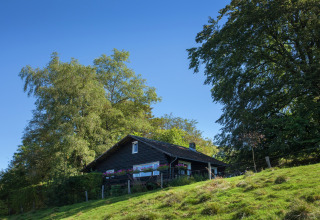 Das Chalet 'Les Muguets' in Belgien liegt idyllisch zwischen üppigen Bäumen und grünem Rasen im Sonnenschein.