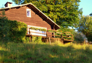 Chalet 'Les Muguets' in Belgien mit Blumen auf der Terrasse, umgeben von grünem Gras und Bäumen.