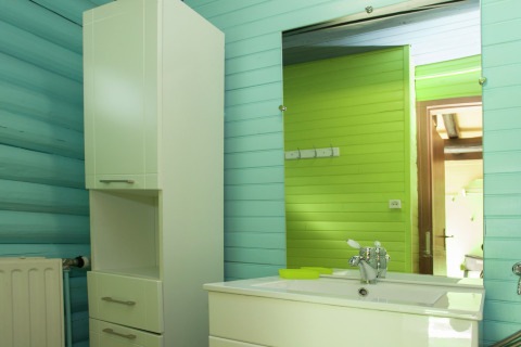 Badezimmer mit mintgrünen Wänden, Spiegel, weißem Schrank und Waschbecken im Chalet „Les Muguets“ in Belgien.