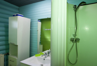 Badezimmer im Chalet Les Muguets in Belgien mit Dusche, Waschbecken, Spiegel und blauen Wänden.