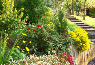 Bunter Garten am Chalet 'Les Muguets' in Belgien mit Blumenbeet, Treppenaufgang und grüner Umgebung.