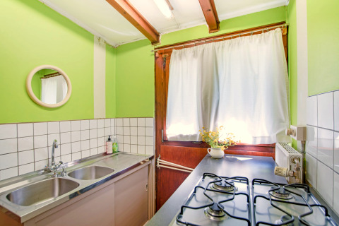 Lichte keuken van Manonfa-lodge in België met groene muren, gasfornuis, dubbele spoelbak en raam.