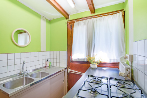Cucina luminosa del lodge Manonfa in Belgio con pareti verdi, fornello a gas, doppio lavello e finestra.