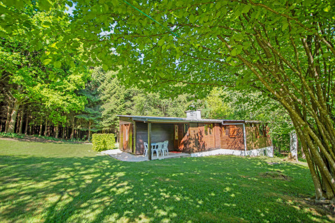 Lodge chiamato Manonfa in Belgio circondato da alberi verdi e prato, ambiente naturale tranquillo.