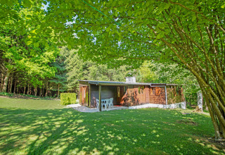 Lodge chiamato Manonfa in Belgio circondato da alberi verdi e prato, ambiente naturale tranquillo.