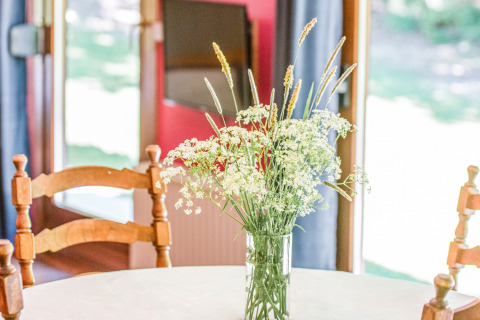 Mazzo di fiori di campo in un vaso su tavolo rotondo al lodge Manonfa, Belgio, con sedie in legno.