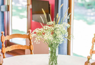 Mazzo di fiori di campo in un vaso su tavolo rotondo al lodge Manonfa, Belgio, con sedie in legno.