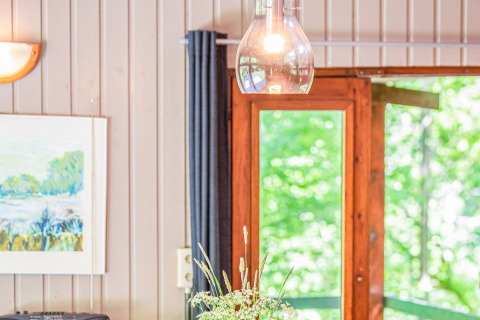 Immagine interna del lodge Manonfa in Belgio con lampada, pareti in legno e vista dalla finestra sul verde.