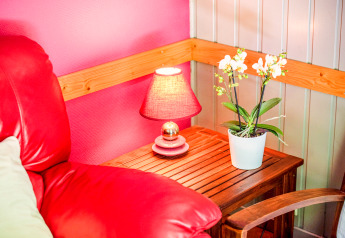 Angolo accogliente al lodge Manonfa in Belgio con poltrona rossa, lampada da tavolo e orchidea.