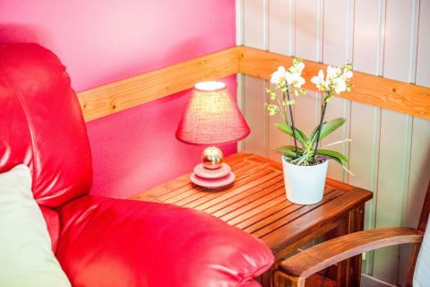 Angolo accogliente al lodge Manonfa in Belgio con poltrona rossa, lampada da tavolo e orchidea.