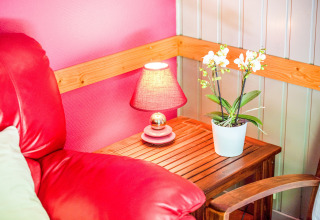 Angolo accogliente al lodge Manonfa in Belgio con poltrona rossa, lampada da tavolo e orchidea.