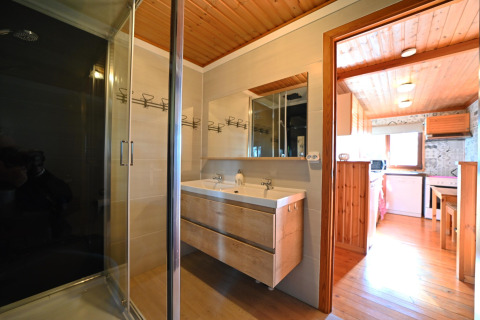 Moderne badkamer met houten plafond, dubbele wastafel en glazen douche in een chalet in België.
