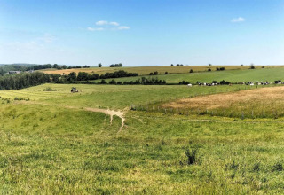 Smuk udsigt over bølgende marker og grønne enge ved et glamping-sted under en klar blå himmel.