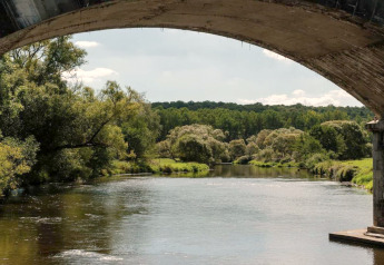 Vista de un río tranquilo rodeado de vegetación, tomada desde debajo de un puente en el chalet HORTENSIAS, Bélgica.