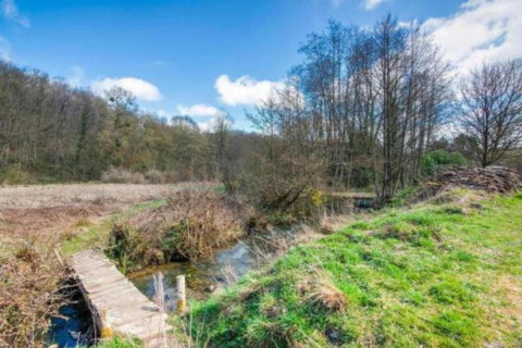 Træbro over en bæk i naturligt landskab ved La Ribambelle-lodgen i Belgien under blå himmel.
