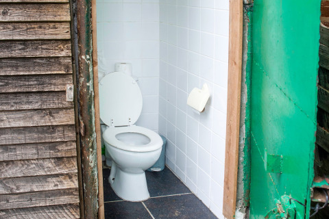 Buitentoilet op een woonboot in België met witte tegels, houten deur en groene metalen deurpost.