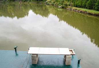 Vista da una houseboat su un lago tranquillo con alberi e verde sulle rive in Belgio.