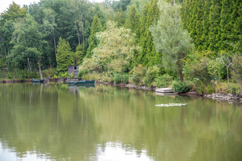 Rustig meer met dichtbegroeide bomen en een boot bij «Le Bateau du Lac Privé» in België.