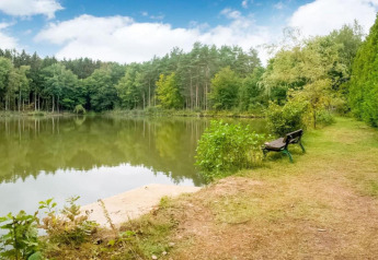 Vista tranquilla sul lago con alberi e panchina vicino all’acqua a Le Bateau du Lac Privé in Belgio.