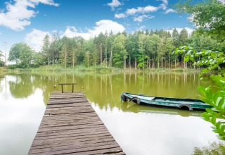 Houten steiger aan een rustig meer met groene roeiboot, omgeven door bos en blauwe lucht in België.