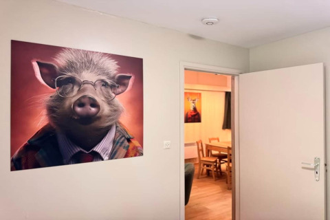 Foto interior del chalet OREE DU BOIS en Bélgica mostrando un retrato gracioso de un cerdo con traje.