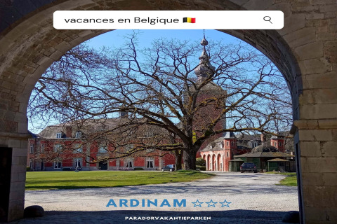 Uitzicht door een stenen boog op Holiday Park Ardinam 1 in België met groot gebouw en kale boom.
