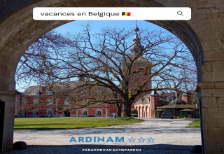 Uitzicht door een stenen boog op Holiday Park Ardinam 1 in België met groot gebouw en kale boom.