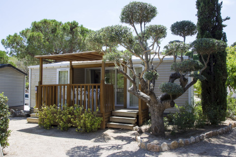 Vue extérieure de la lodge Tamarit Park Resort 2 PATIO, véranda en bois et arbres taillés décoratifs devant.