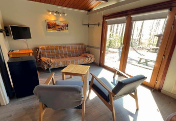 Helles Wohnzimmer im Chalet LIJSTERNEST in Belgien mit kariertem Sofa, Sessel und Waldblick.